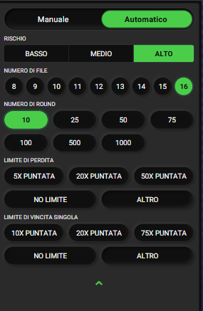 Opzioni per il lancio in "Automatico" delle palline su Plinko
