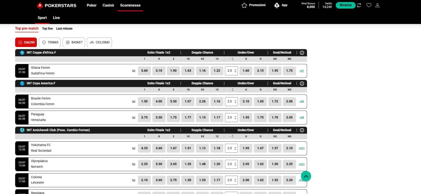 La pagina delle Scommesse sulla nuova piattaforma di PokerStars