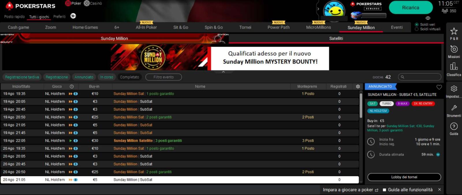 I Satelliti per il Sunday Million disponibili in Lobby Pokerstars