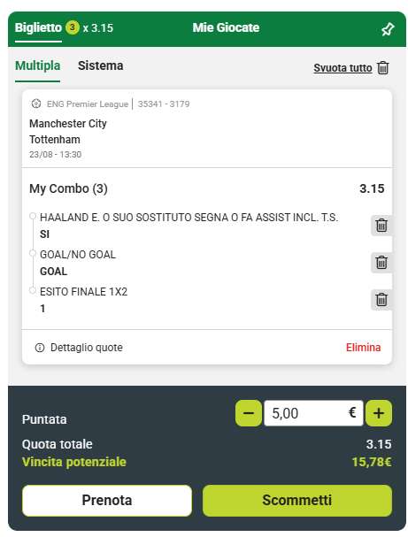 Esempio di scommessa My Combo su Sisal