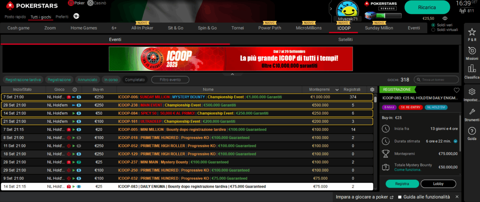 I tornei delle ICOOP 2025 di PokerStars