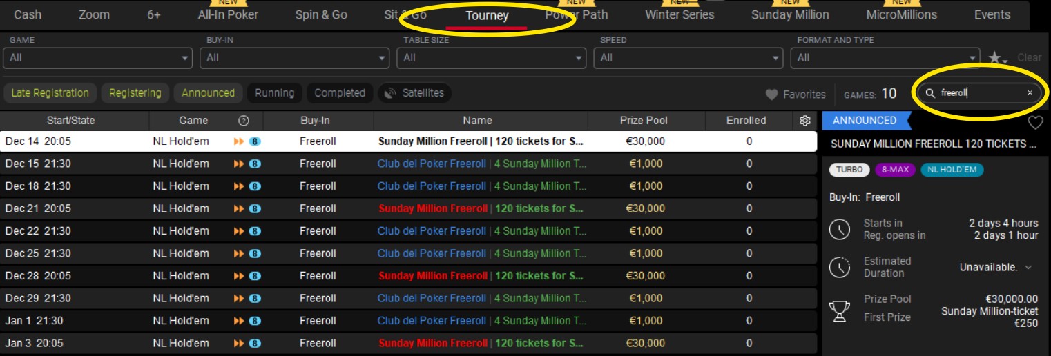 freeroll sunday million in lobby
