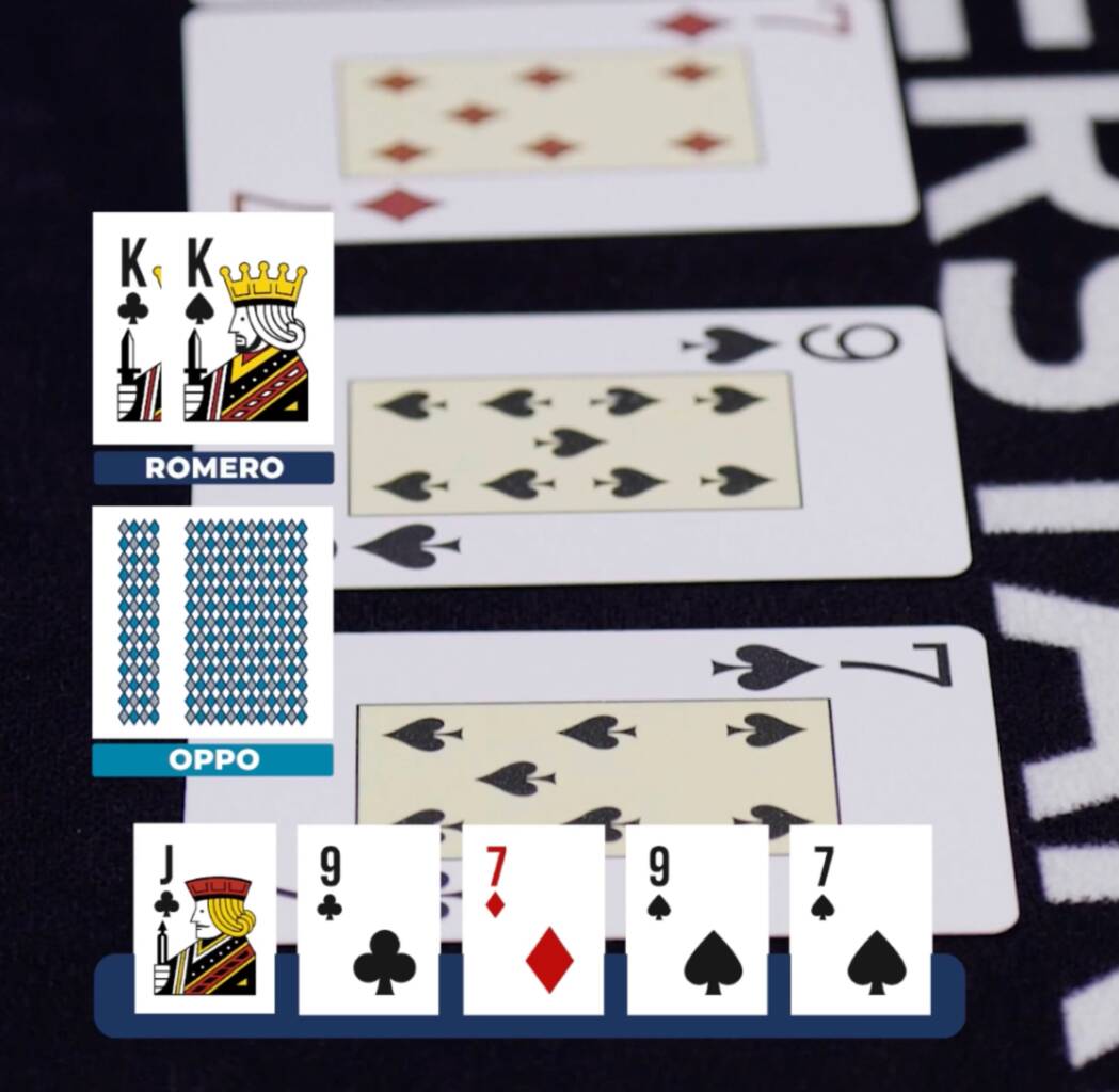 Grafica della mano del giorno con Miguel Romero alle ISOP di Campione, con KK su board J-9-7-9-7