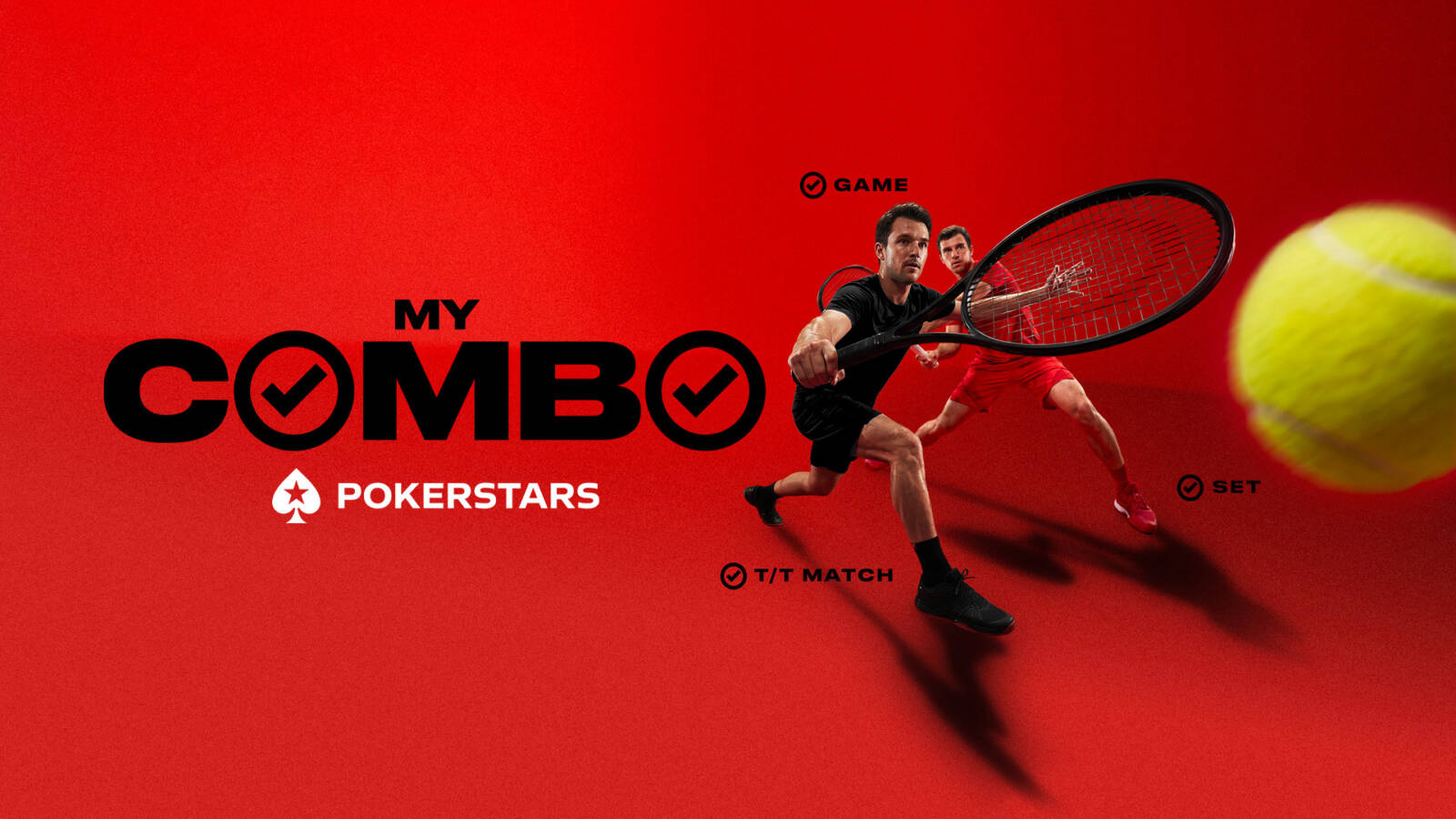 Grafica illustrativa della funzione My Combo di PokerStars applicata alle scommesse sul tennis, con giocatori in azione e i mercati combinabili come Game, Set e Testa a Testa.