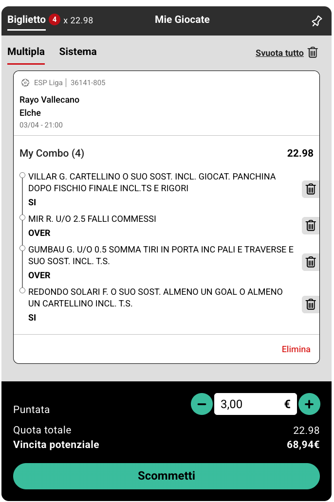 esempio di schedina mycombo su PokerStars Scommesse