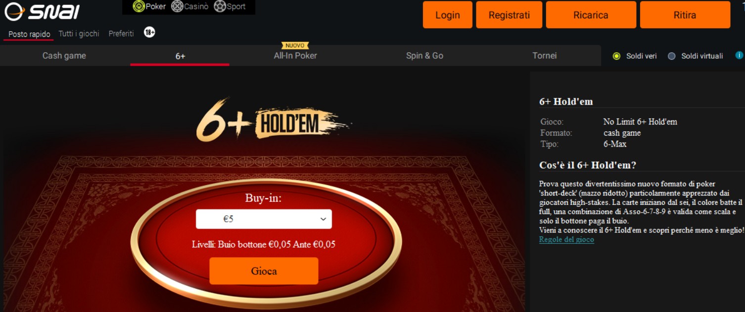 6+ Hold'em di PokerStars Network -Snai Poker
