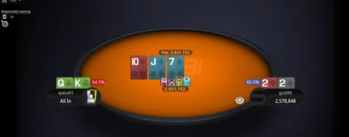 Le tre mani dell'heads-up tra Giuliano 'giuli90' Bendinelli e Simone 'spera91' Speranza al High Roller Classic ICOOP